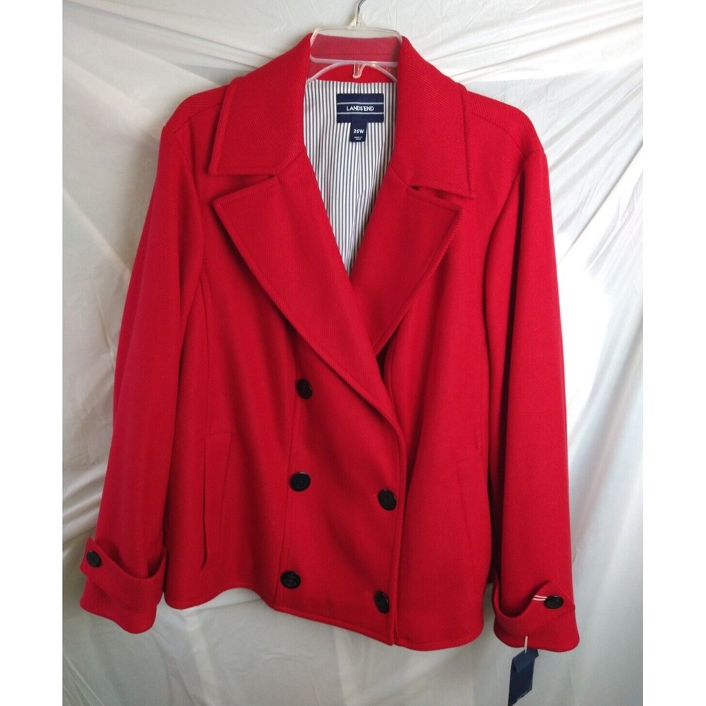 LANDS END Nautical chore Pea Coat Womens Plus Size 26W Red Double Breast Preppy